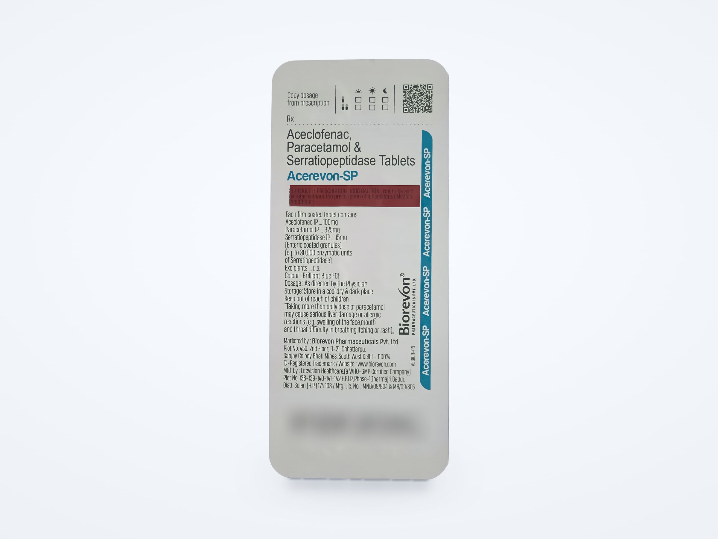 Acerevon-SP tablets strip, printed back