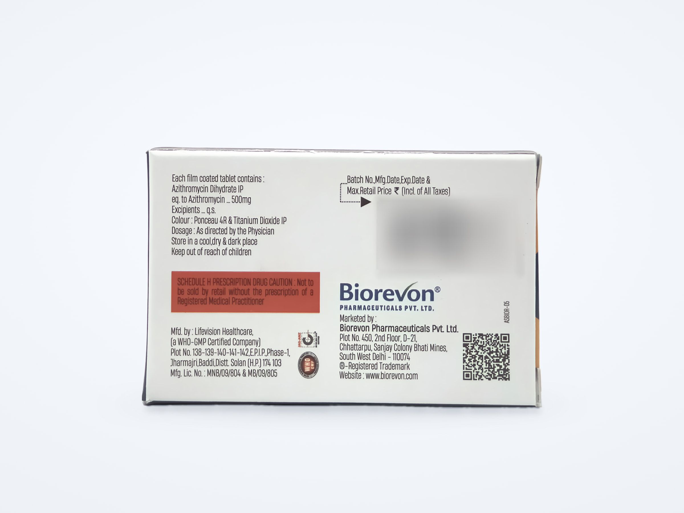Azivon-500 tablets carton, composition panel
