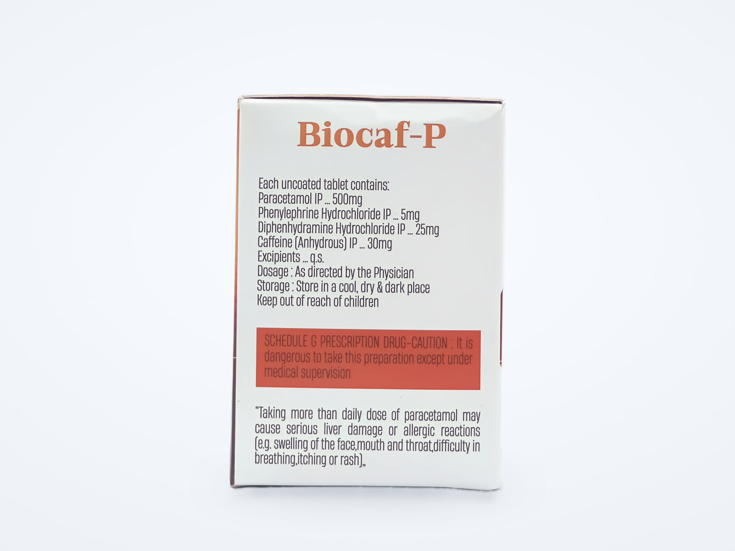 Biocaf-P tablets carton, composition panel