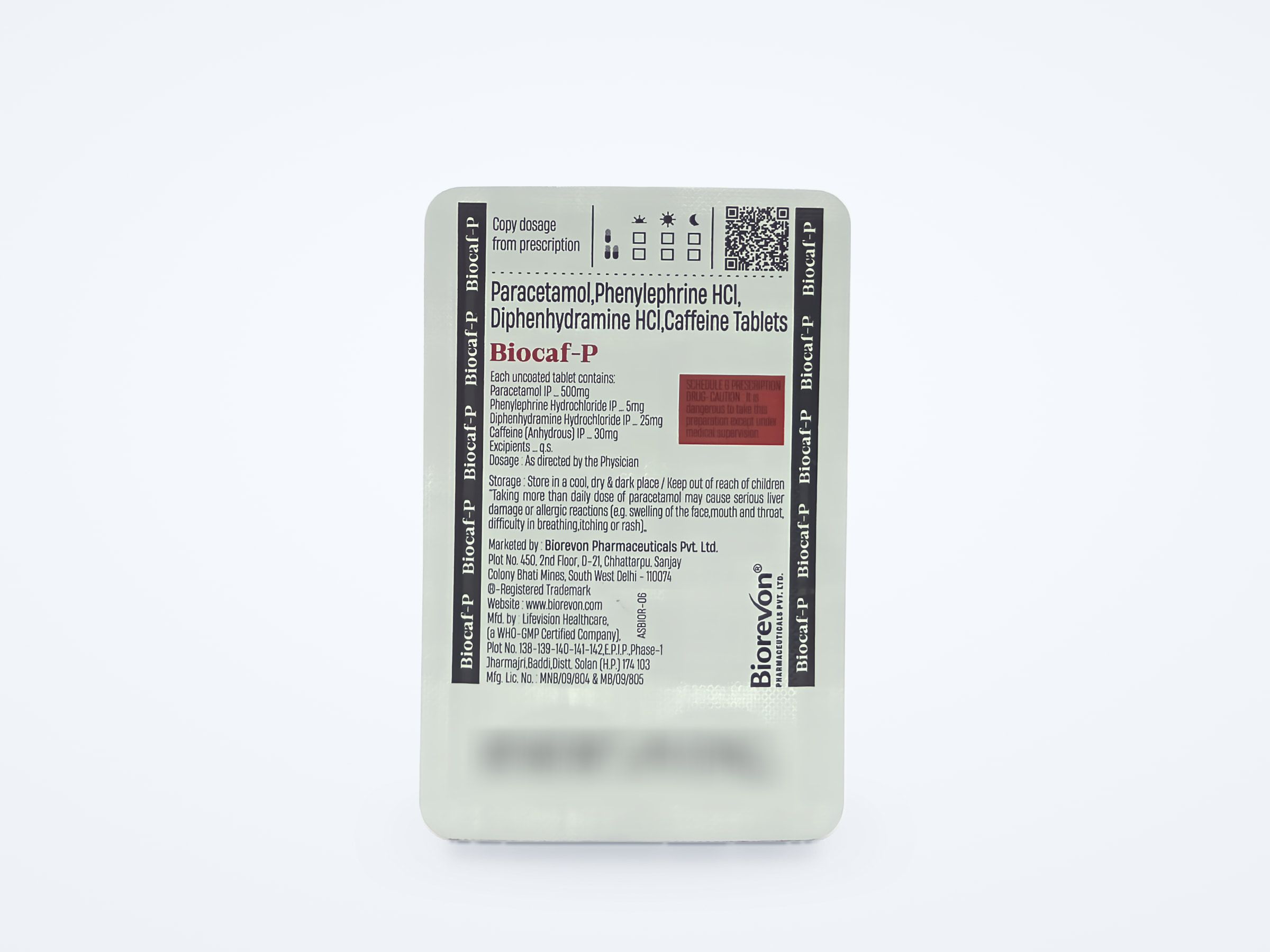 Biocaf-P tablets strip, printed back